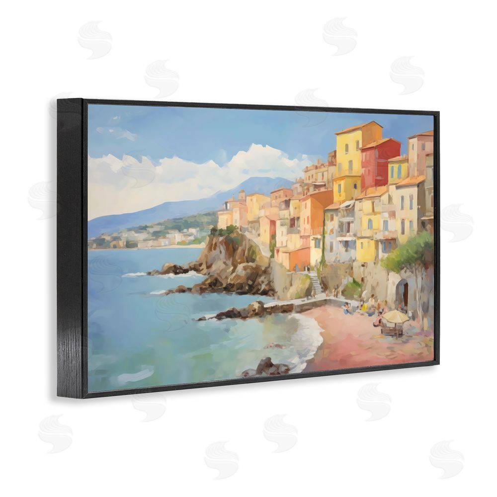 Creative Studio Colorful Coastal Town by Sea Black Framed Giclee Wall Art Print
