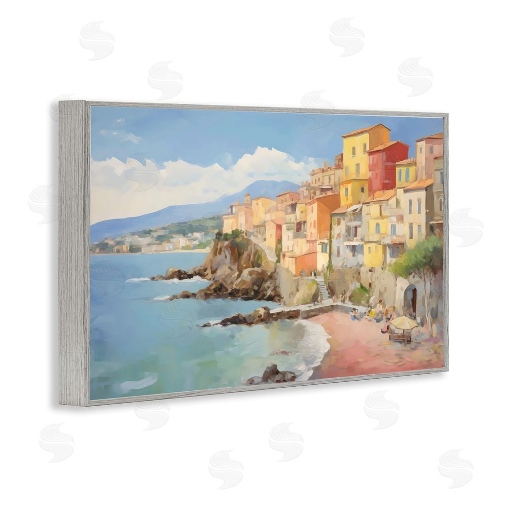 Creative Studio Colorful Coastal Town by Sea Gray Framed Giclee Wall Art Print