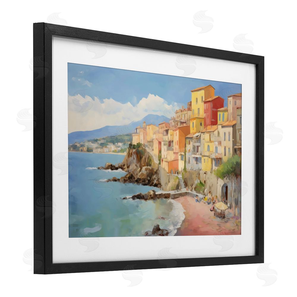 Creative Studio Colorful Coastal Town by Sea Black Framed Print Under Glass Wall Art