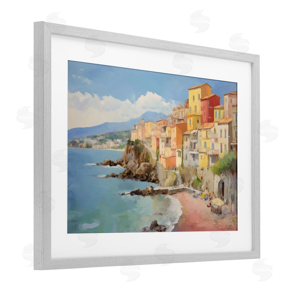 Creative Studio Colorful Coastal Town by Sea Gray Framed Print Under Glass Wall Art
