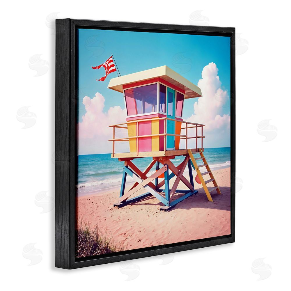Creative Studio Colorful Sunny Beach Tower Black Floating Frame Canvas Wall Art Print