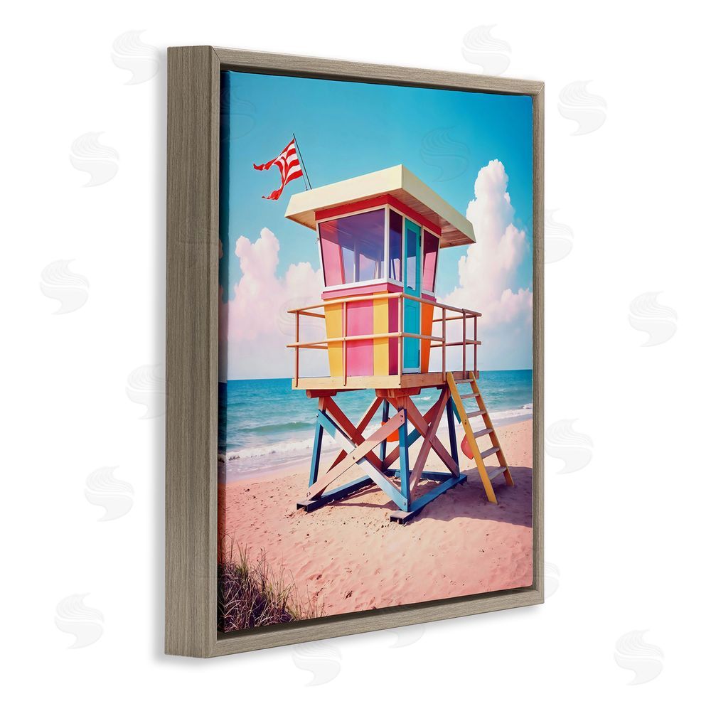 Creative Studio Colorful Sunny Beach Tower Brown Floating Frame Canvas Wall Art Print