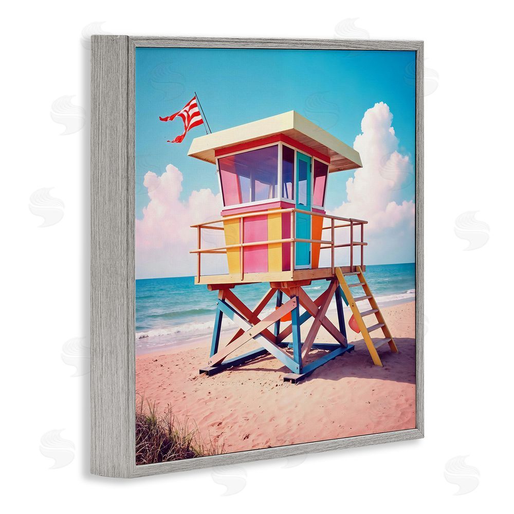 Creative Studio Colorful Sunny Beach Tower Gray Framed Giclee Wall Art Print