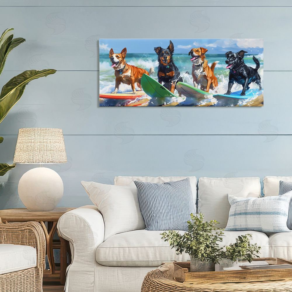 Creative Studio Dogs on Surfboards Summer Fun Stretched Canvas Wall Art in Room