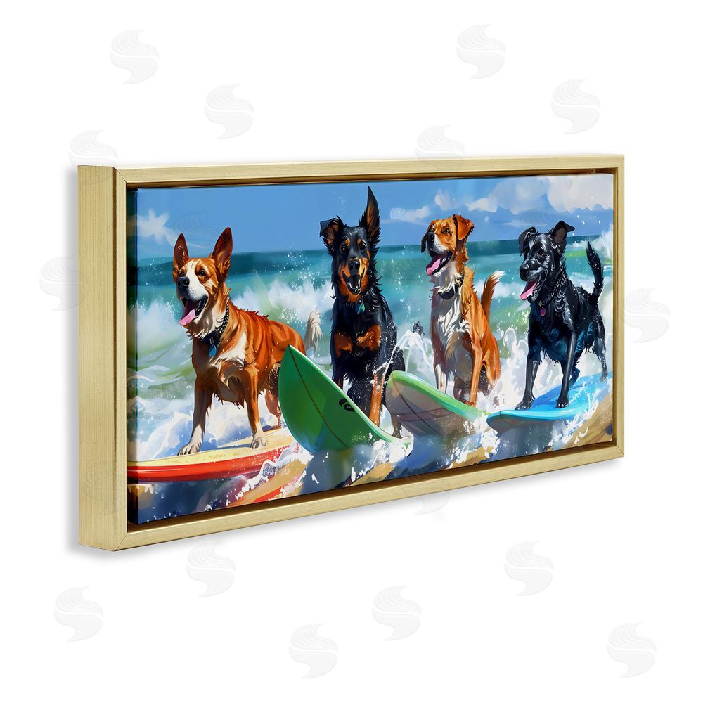 Creative Studio Dogs on Surfboards Summer Fun Gold Floating Frame Canvas Wall Art Print