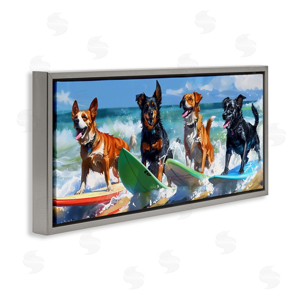 Creative Studio Dogs on Surfboards Summer Fun Gray Floating Frame Canvas Wall Art Print