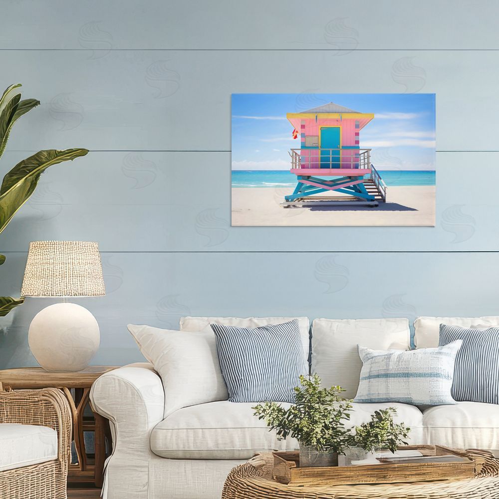 Creative Studio Pastel Lifeguard Hut on Beach Stretched Canvas Wall Art in Room