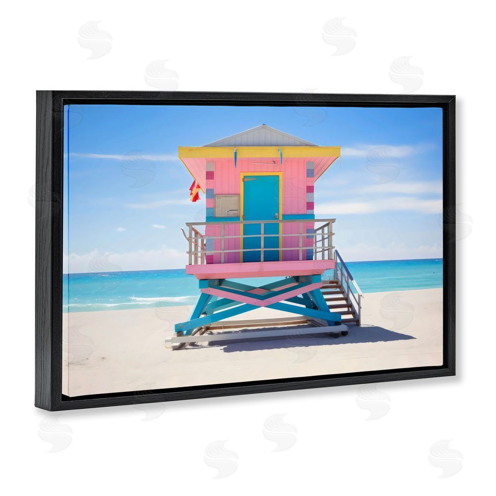 Creative Studio Pastel Lifeguard Hut on Beach Black Floating Framed Canvas Wall Art