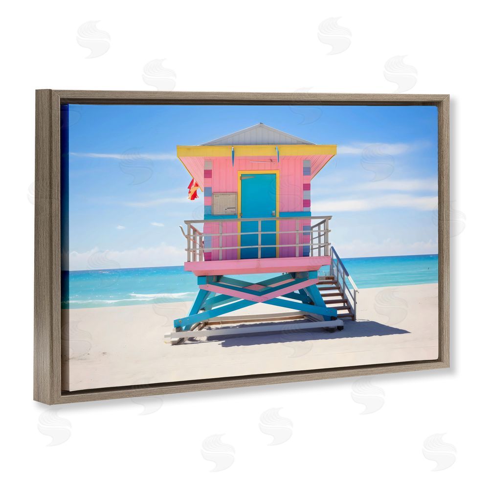Creative Studio Pastel Lifeguard Hut on Beach Brown Floating Framed Canvas Wall Art