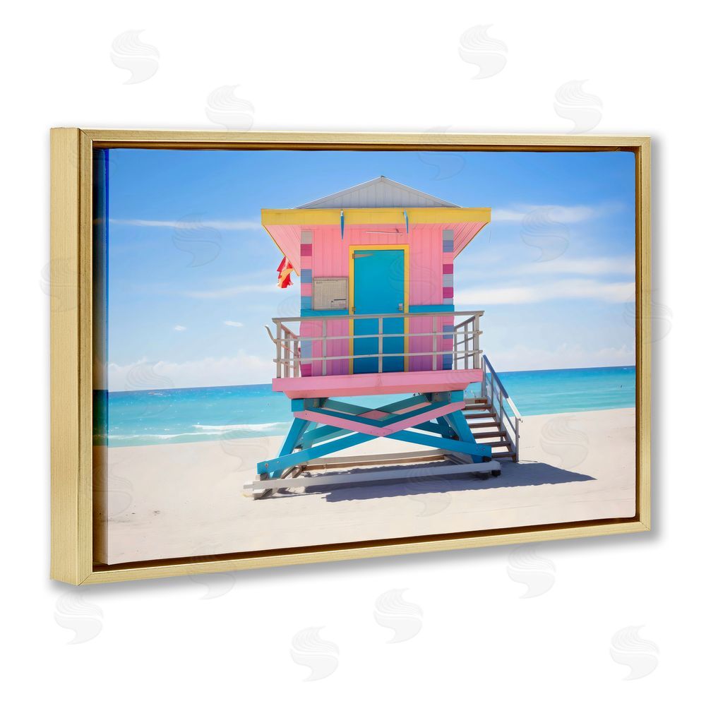 Creative Studio Pastel Lifeguard Hut on Beach Gold Floating Framed Canvas Wall Art