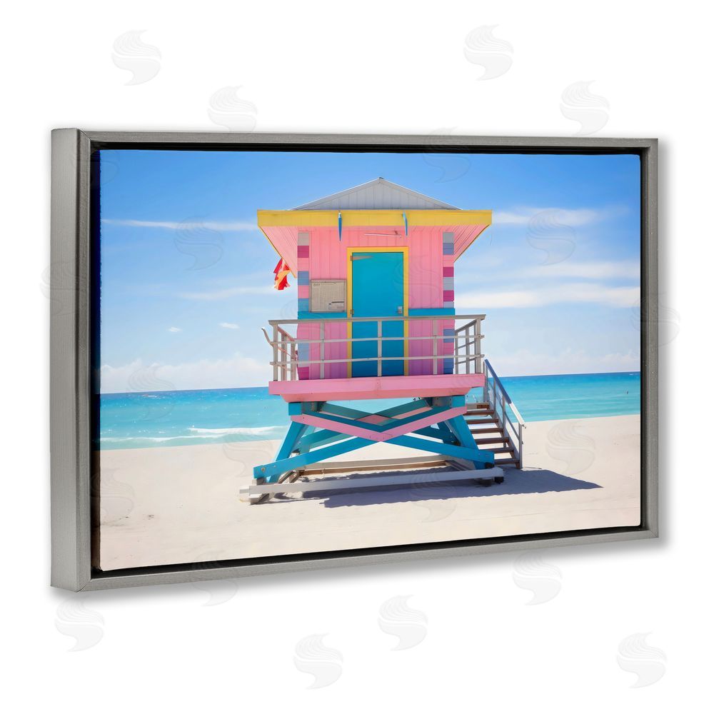 Creative Studio Pastel Lifeguard Hut on Beach Gray Floating Framed Canvas Wall Art