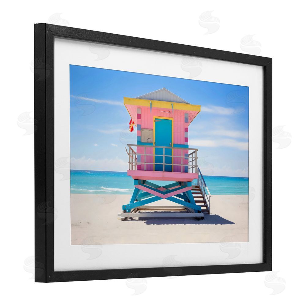 Creative Studio Pastel Lifeguard Hut on Beach Black Framed Print Under Glass Wall Art