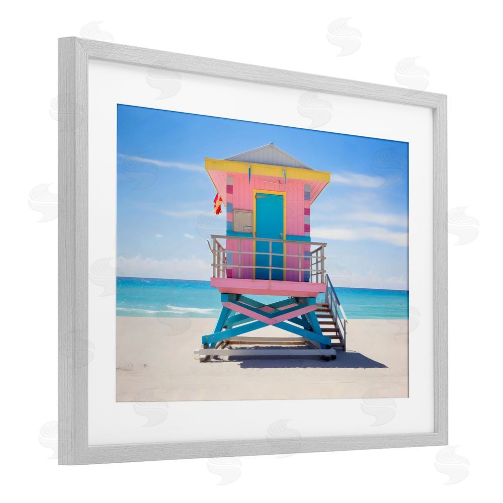 Creative Studio Pastel Lifeguard Hut on Beach Gray Framed Print Under Glass Wall Art