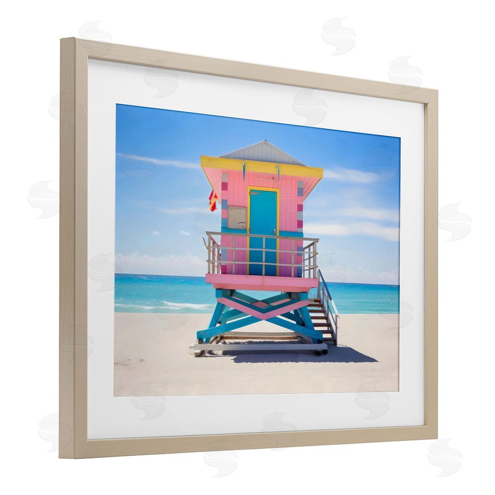 Creative Studio Pastel Lifeguard Hut on Beach Brown Framed Print Under Glass Wall Art