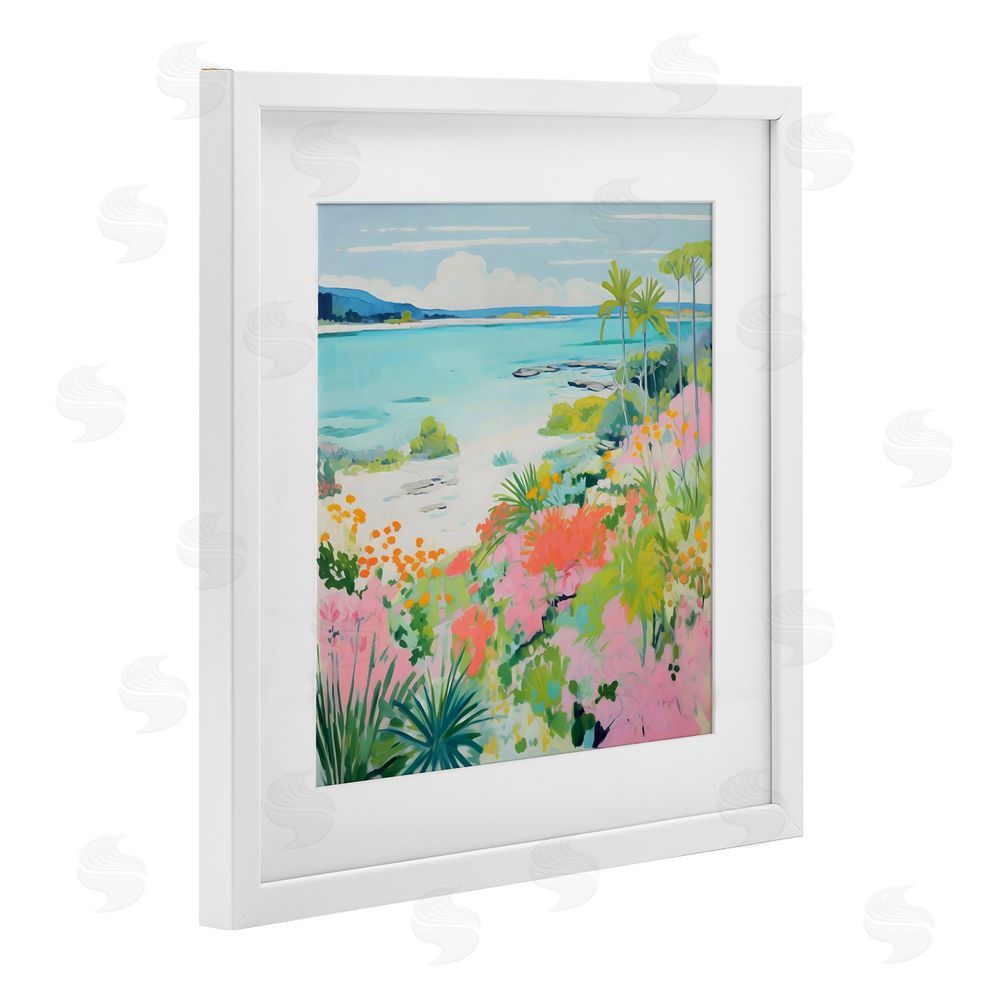 Creative Studio Tropical Coast Blooming Shoreline White Framed Print Under Glass with White Mat Wall Art