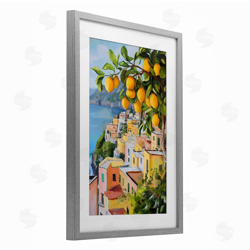 Creative Studio Mediterranean Lemon Tree Scenery Gray Framed Print Under Glass Wall Art