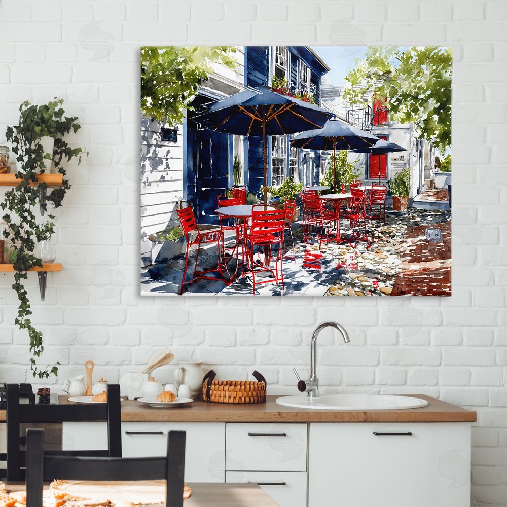 Franklyn Gregory Cafe Classic Red Chairs Stretched Canvas Wall Art Print in Room