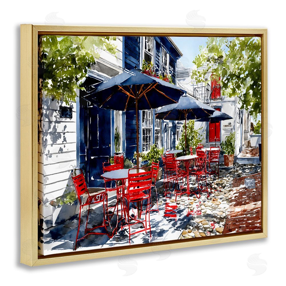Franklyn Gregory Cafe Classic Red Chairs Gold Floating Frame Stretched Canvas Wall Art Print