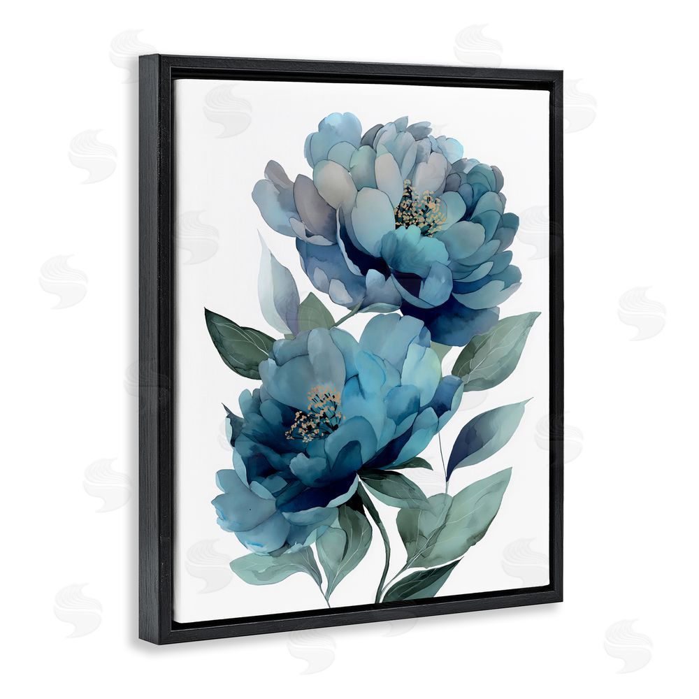 Franklyn Gregory Two Blue Flowers Serene Peonies Black Floating Framed Canvas Wall Art Print