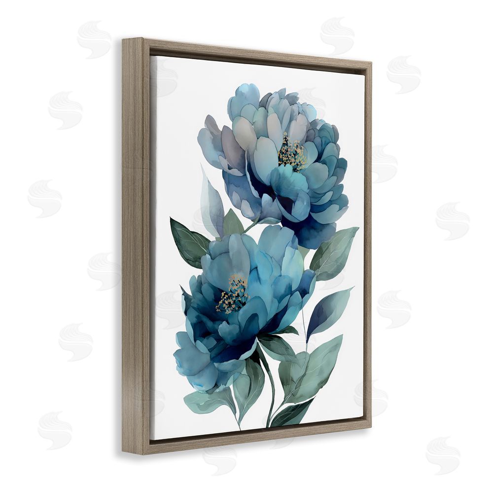 Franklyn Gregory Two Blue Flowers Serene Peonies Brown Floating Framed Canvas Wall Art Print