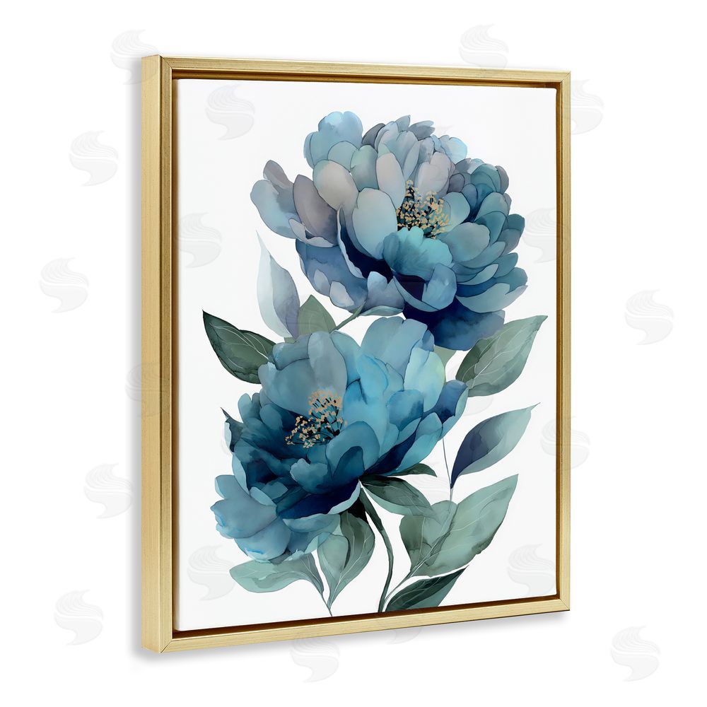 Franklyn Gregory Two Blue Flowers Serene Peonies Gold Floating Framed Canvas Wall Art Print