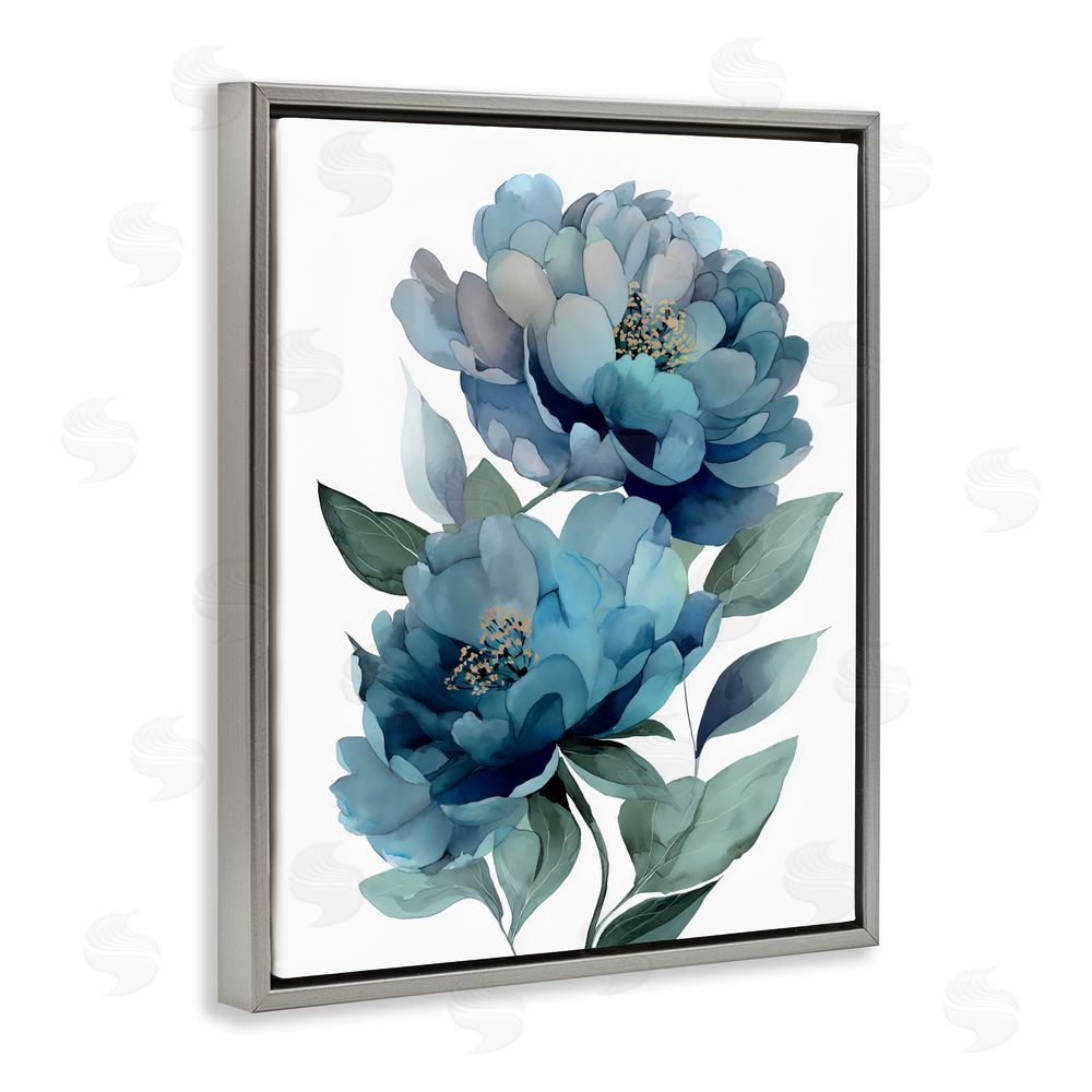 Franklyn Gregory Two Blue Flowers Serene Peonies Gray Floating Framed Canvas Wall Art Print