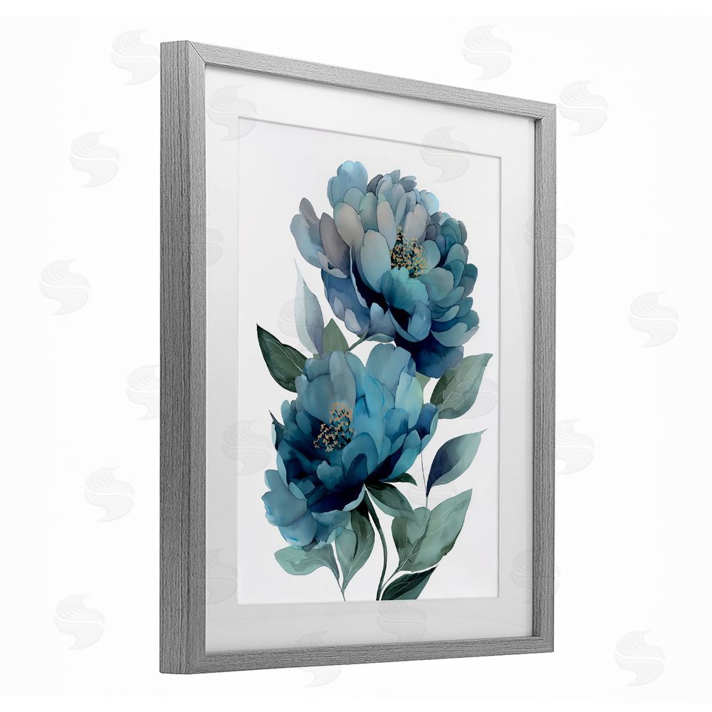 Franklyn Gregory Two Blue Flowers Serene Peonies Gray Framed Print Under Glass with White Mat Wall Art