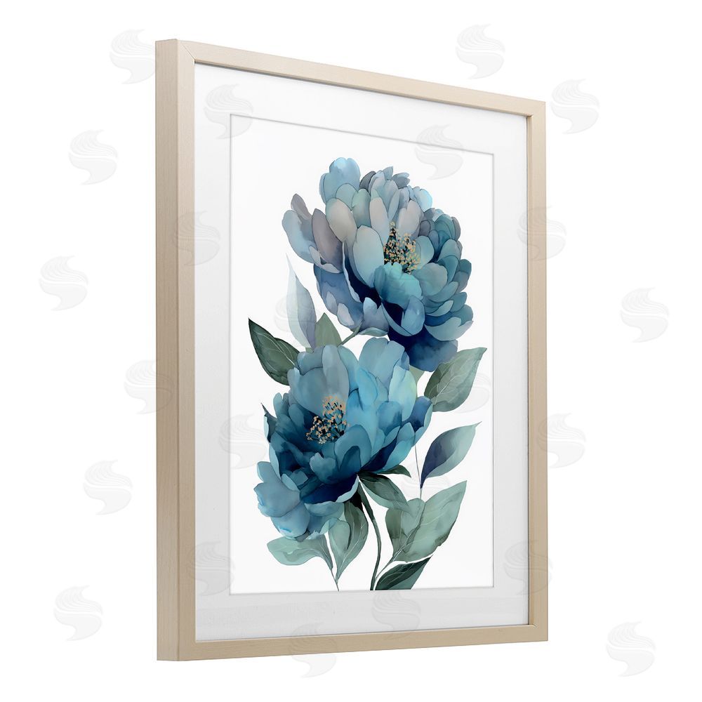 Franklyn Gregory Two Blue Flowers Serene Peonies Brown Framed Print Under Glass with White Mat Wall Art