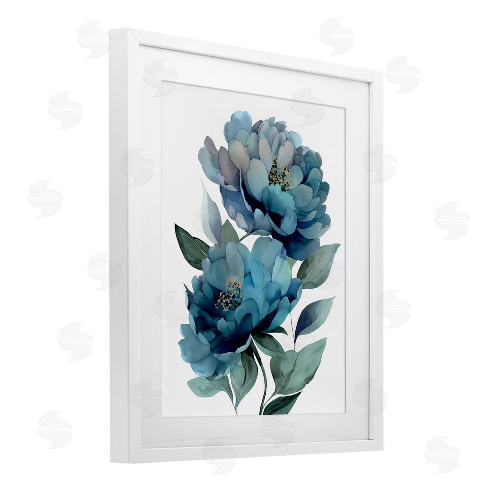 Franklyn Gregory Two Blue Flowers Serene Peonies White Framed Print Under Glass with White Mat Wall Art