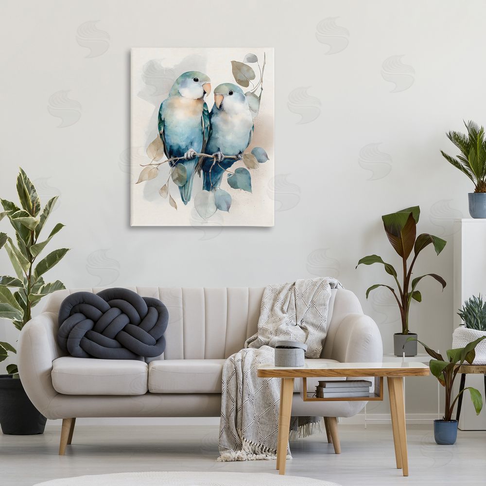 Franklyn Gregory Blue Bird Lovers Stretched Canvas Wall Art Print in Room