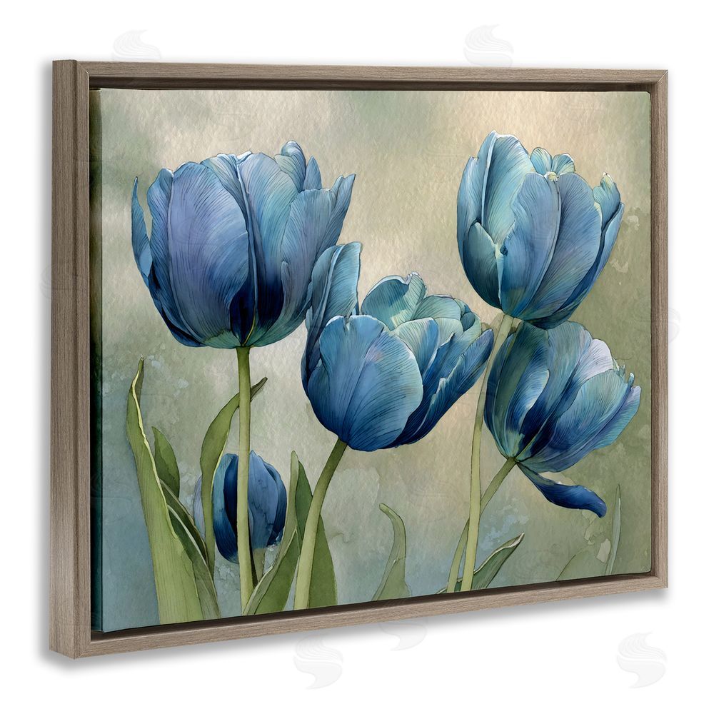 Franklyn Gregory Drawn Blue Tulip Flowers Brown Floating Frame Canvas Wall Art Print