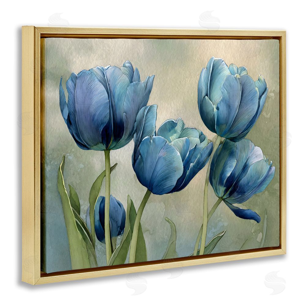 Franklyn Gregory Drawn Blue Tulip Flowers Gold Floating Frame Canvas Wall Art Print
