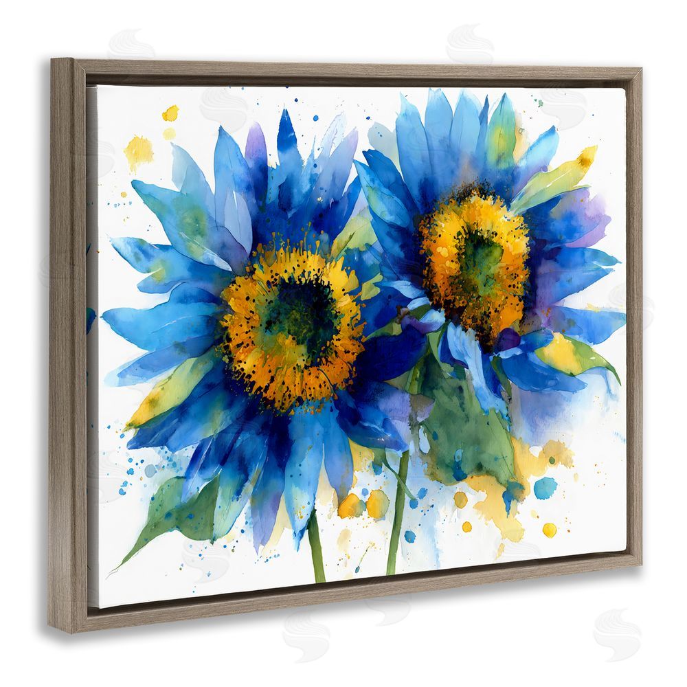 Franklyn Gregory Blue Sunflowers Bouquet Brown Floating Frame Stretched Canvas Wall Art Print