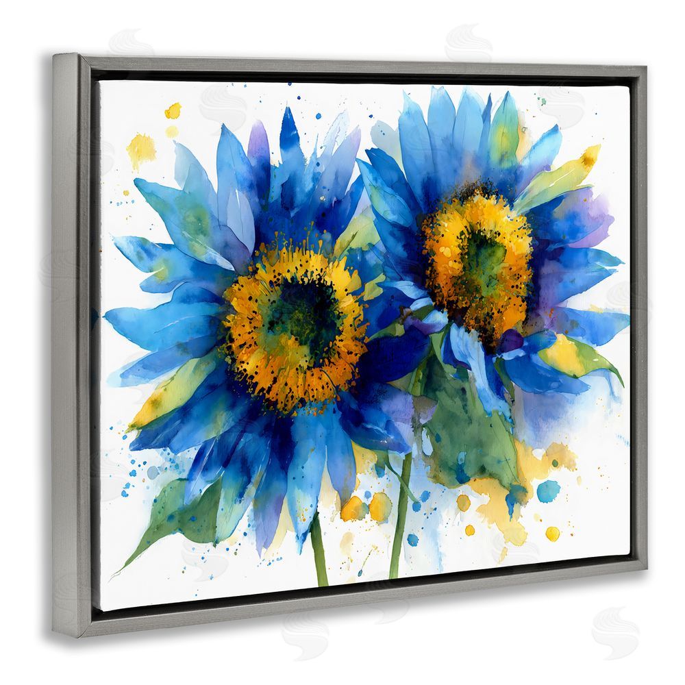 Franklyn Gregory Blue Sunflowers Bouquet Gray Floating Frame Stretched Canvas Wall Art Print