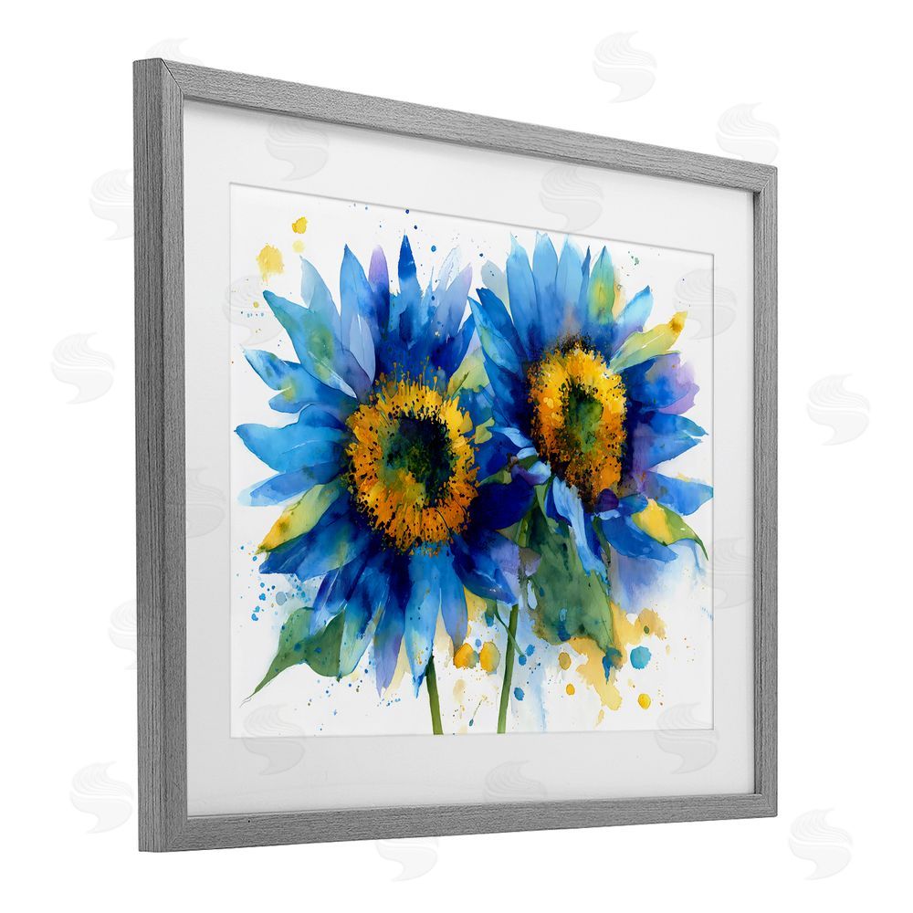 Franklyn Gregory Blue Sunflowers Bouquet Gray Framed Print Under Glass with Matting Wall Art