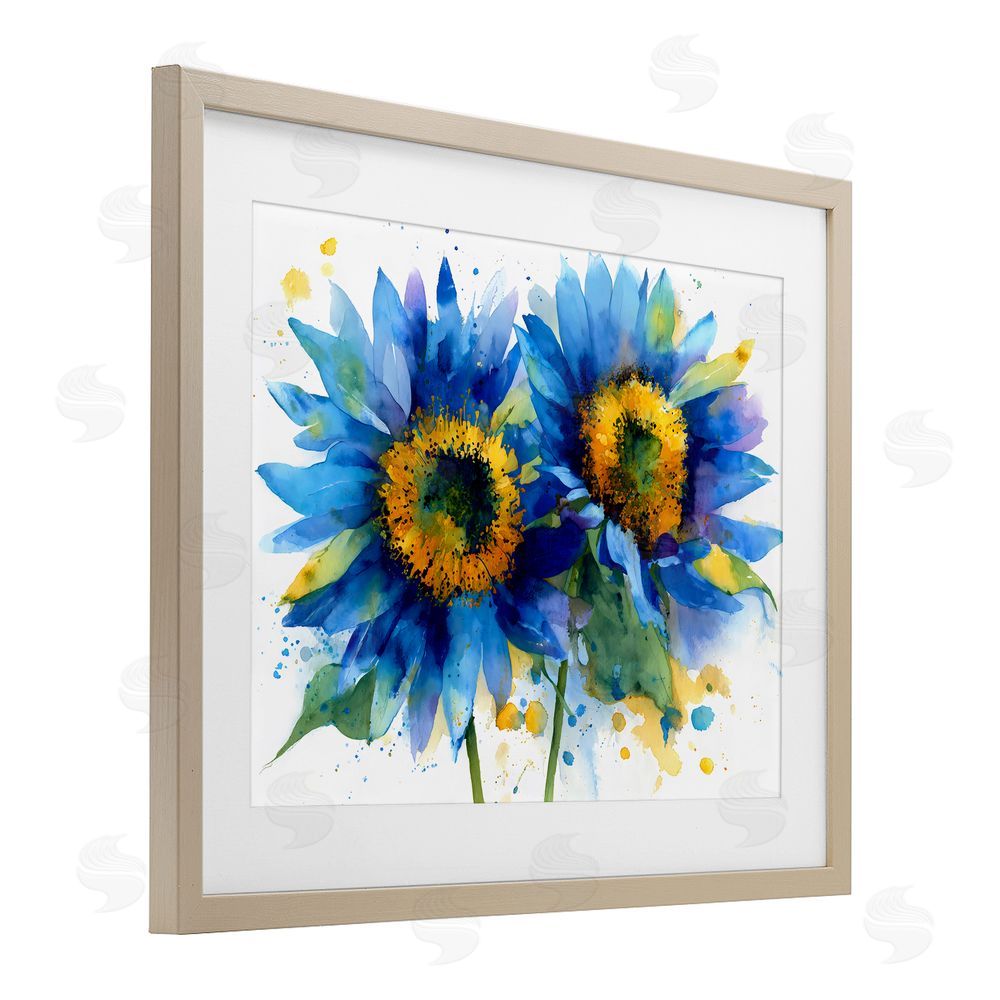Franklyn Gregory Blue Sunflowers Bouquet Brown Framed Print Under Glass with Matting Wall Art