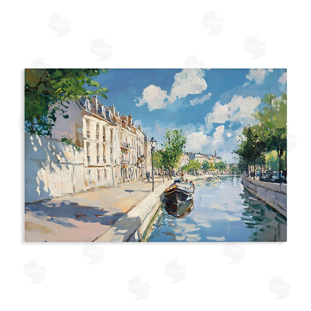 Creative Studio Boat in Canal Summer Reflection Stretched Canvas Wall Art Print