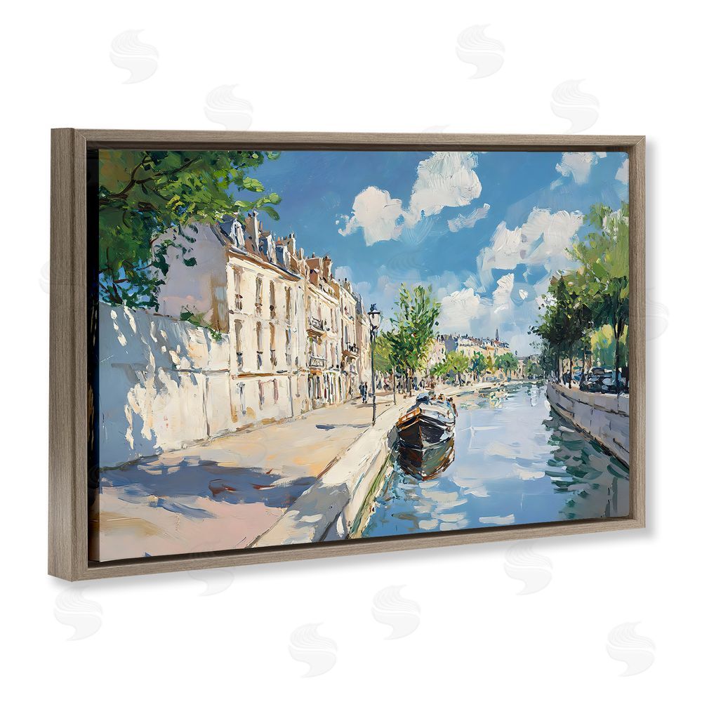 Creative Studio Boat in Canal Summer Reflection Brown Floating Frame Stretched Canvas Wall Art Print