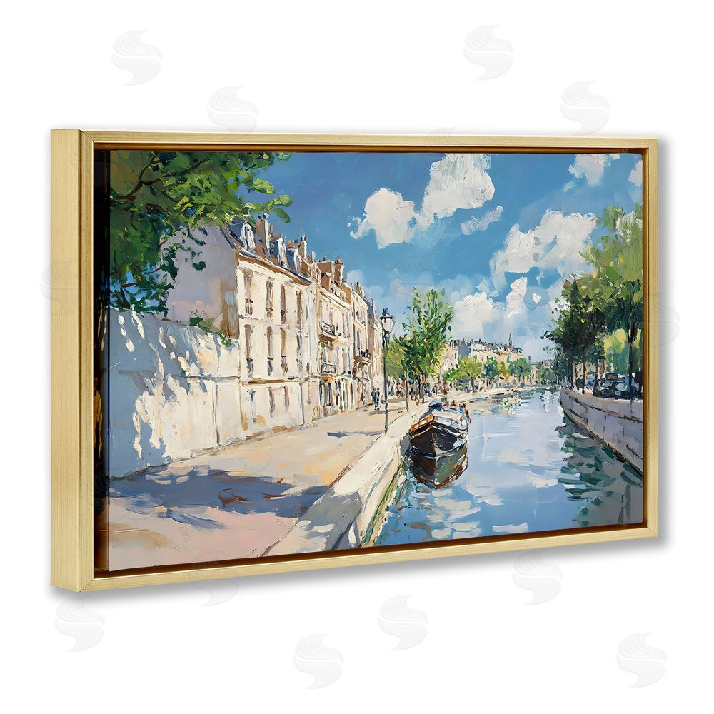 Creative Studio Boat in Canal Summer Reflection Gold Floating Frame Stretched Canvas Wall Art Print