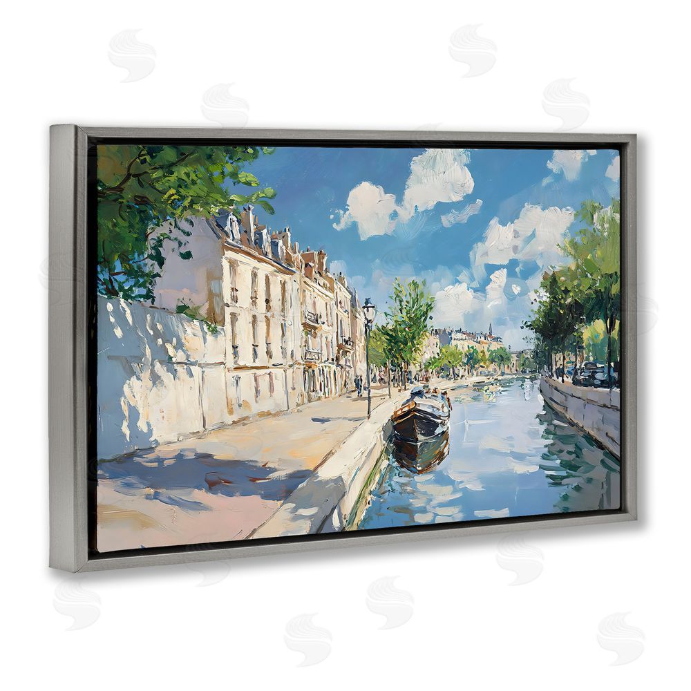 Creative Studio Boat in Canal Summer Reflection Gray Floating Frame Stretched Canvas Wall Art Print