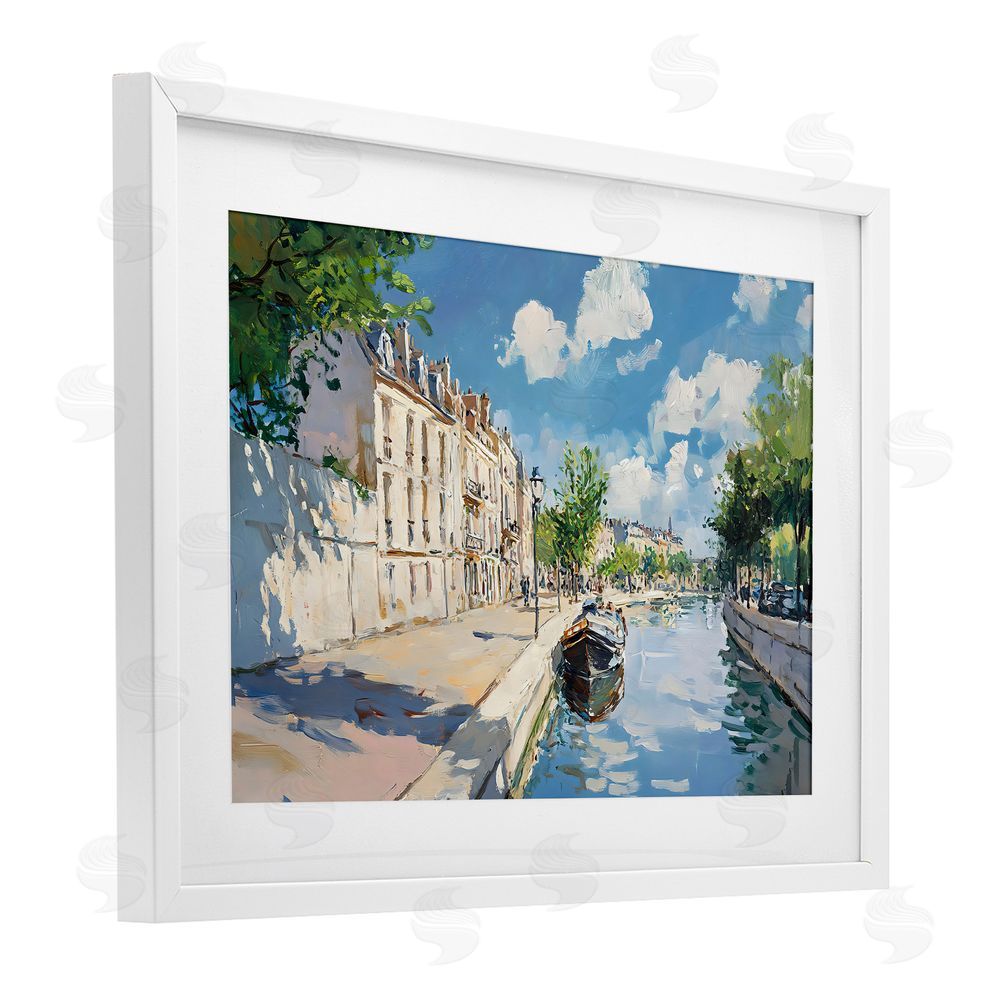 Creative Studio Boat in Canal Summer Reflection White Framed Print Under Glass with Matting Wall Art
