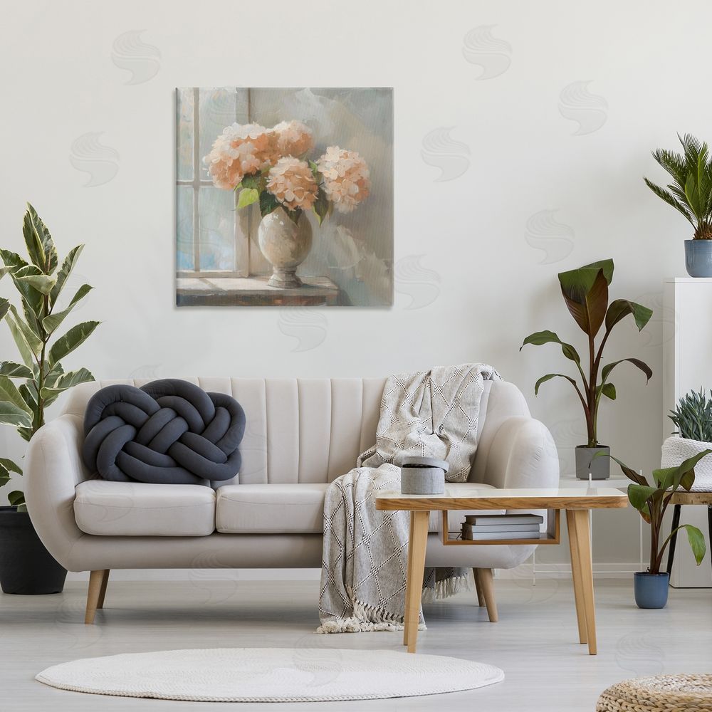 Creative Studio Pink Hydrangea in Sunlit Vase Stretched Canvas Wall Art in Room