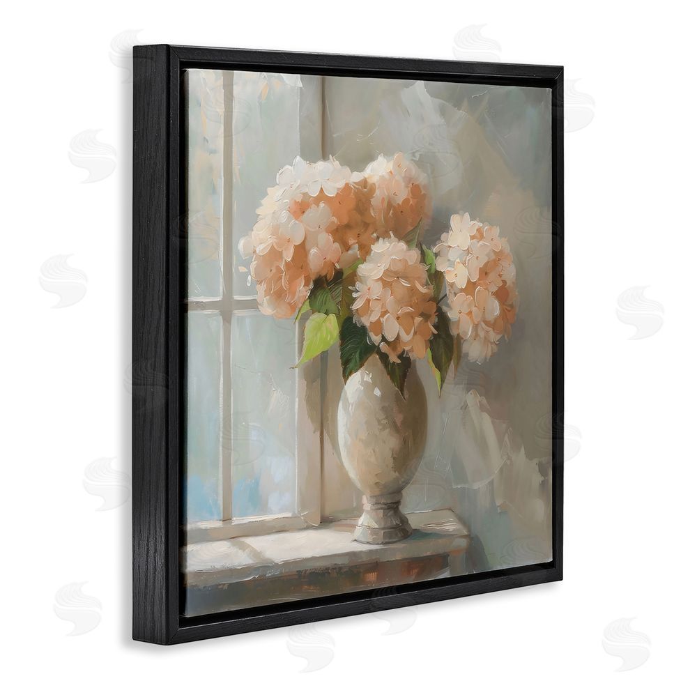 Creative Studio Pink Hydrangea in Sunlit Vase Black Floating Framed Canvas Wall Art