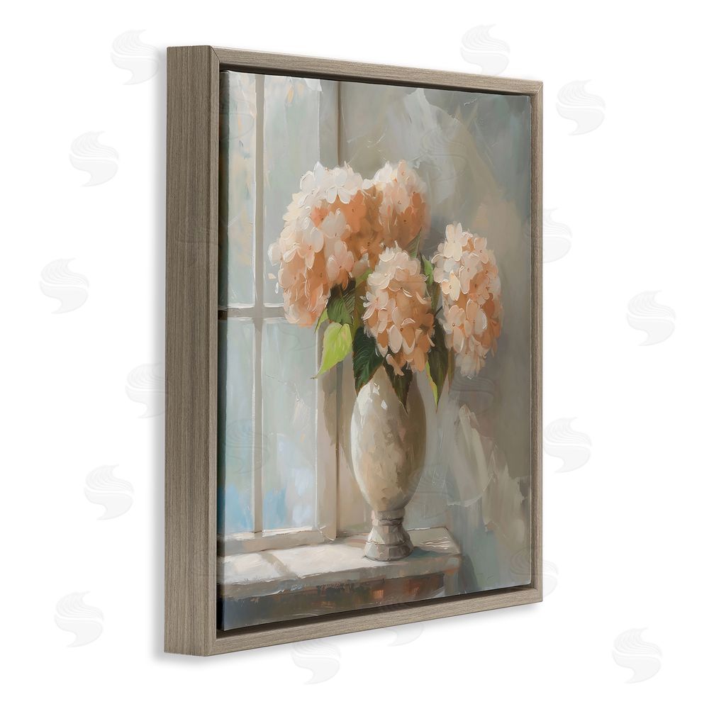 Creative Studio Pink Hydrangea in Sunlit Vase Brown Floating Framed Canvas Wall Art
