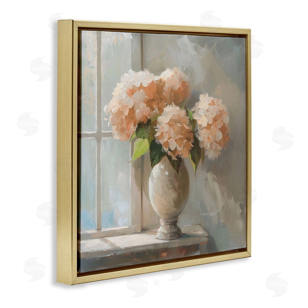 Creative Studio Pink Hydrangea in Sunlit Vase Gold Floating Framed Canvas Wall Art