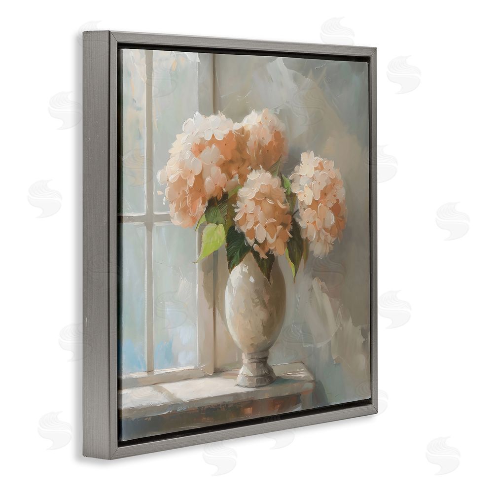 Creative Studio Pink Hydrangea in Sunlit Vase Gray Floating Framed Canvas Wall Art
