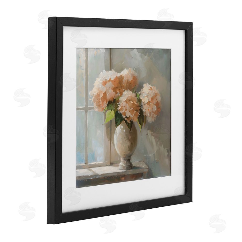 Creative Studio Pink Hydrangea in Sunlit Vase Black Framed Print Under Glass Wall Art