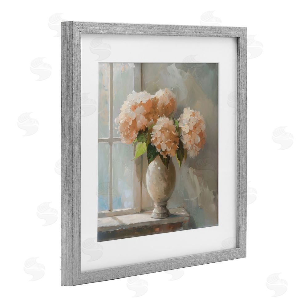Creative Studio Pink Hydrangea in Sunlit Vase Gray Framed Print Under Glass Wall Art