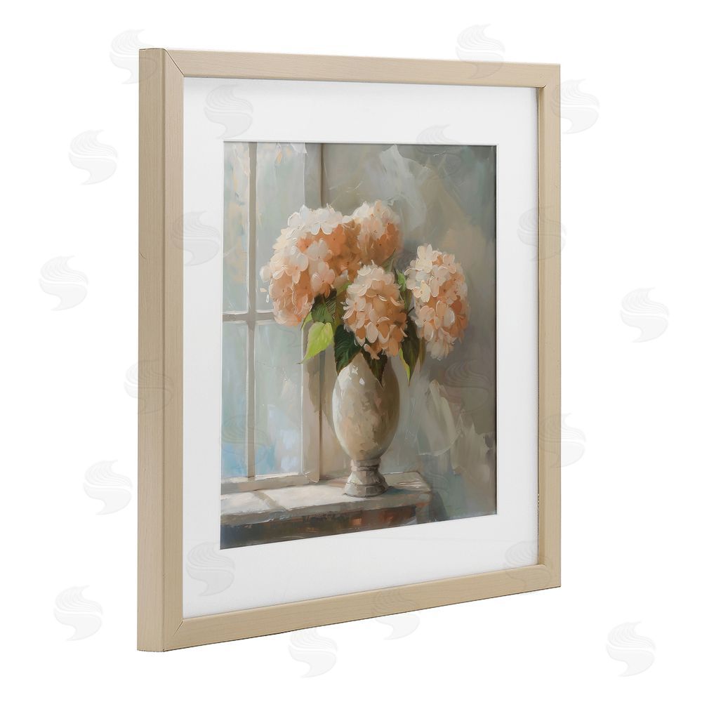 Creative Studio Pink Hydrangea in Sunlit Vase Brown Framed Print Under Glass Wall Art