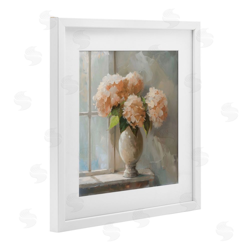 Creative Studio Pink Hydrangea in Sunlit Vase White Framed Print Under Glass Wall Art
